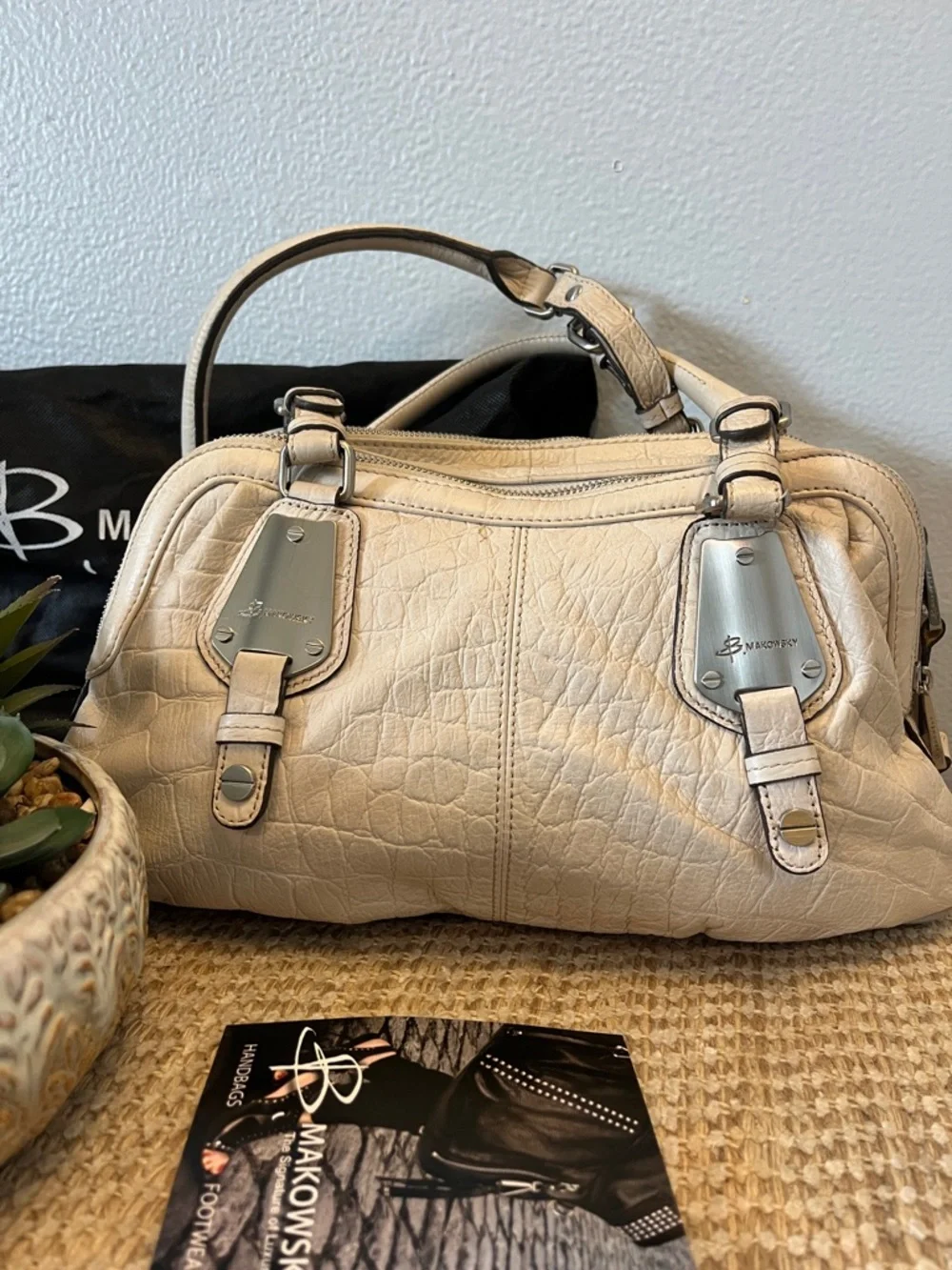 b. makowsky Cream Pebbled Leather Satchel
